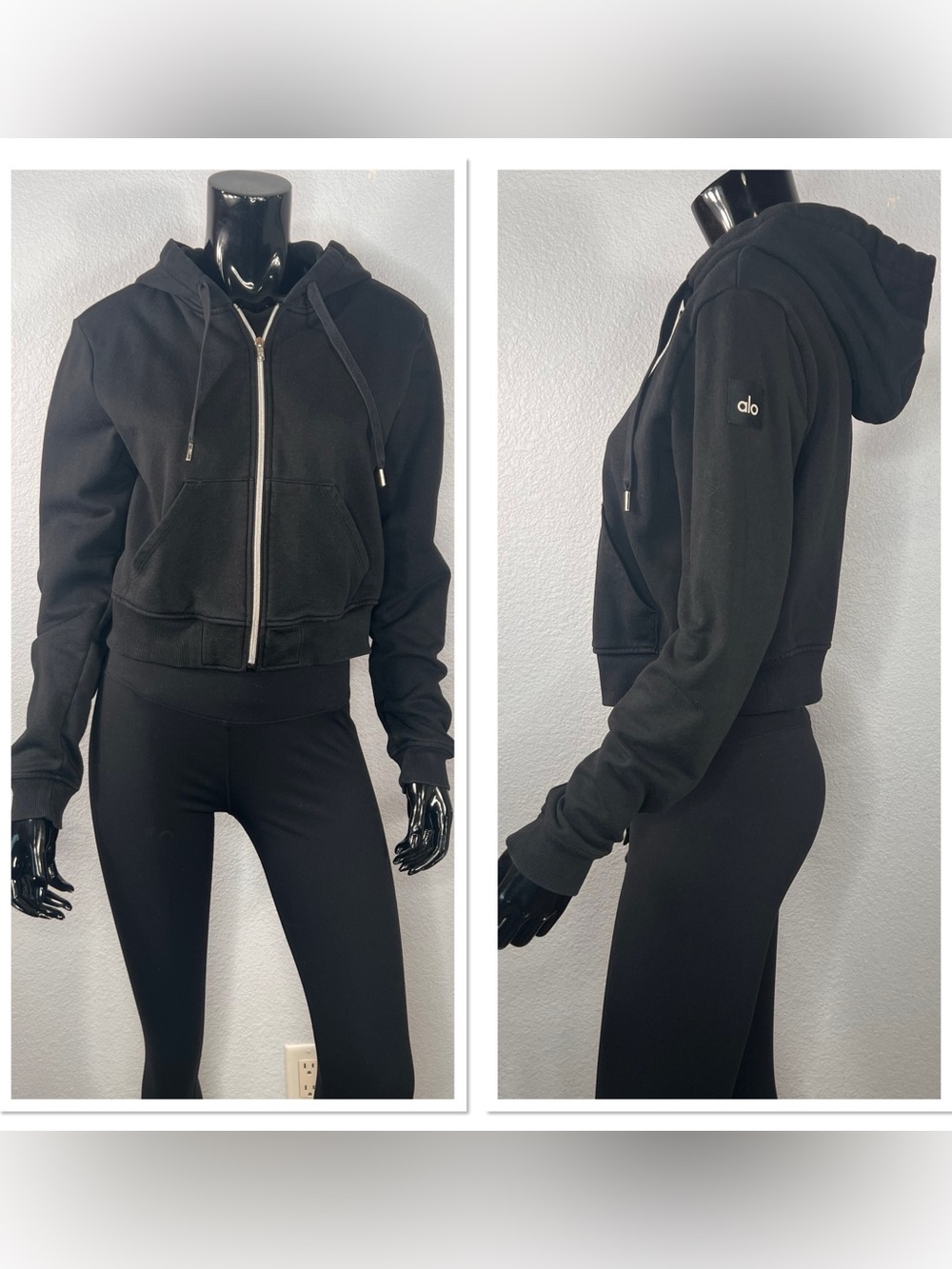 ALO Yoga Black Cropped Zip Hoodie Kangaroo Pocket w/Logo on Left Sleeve